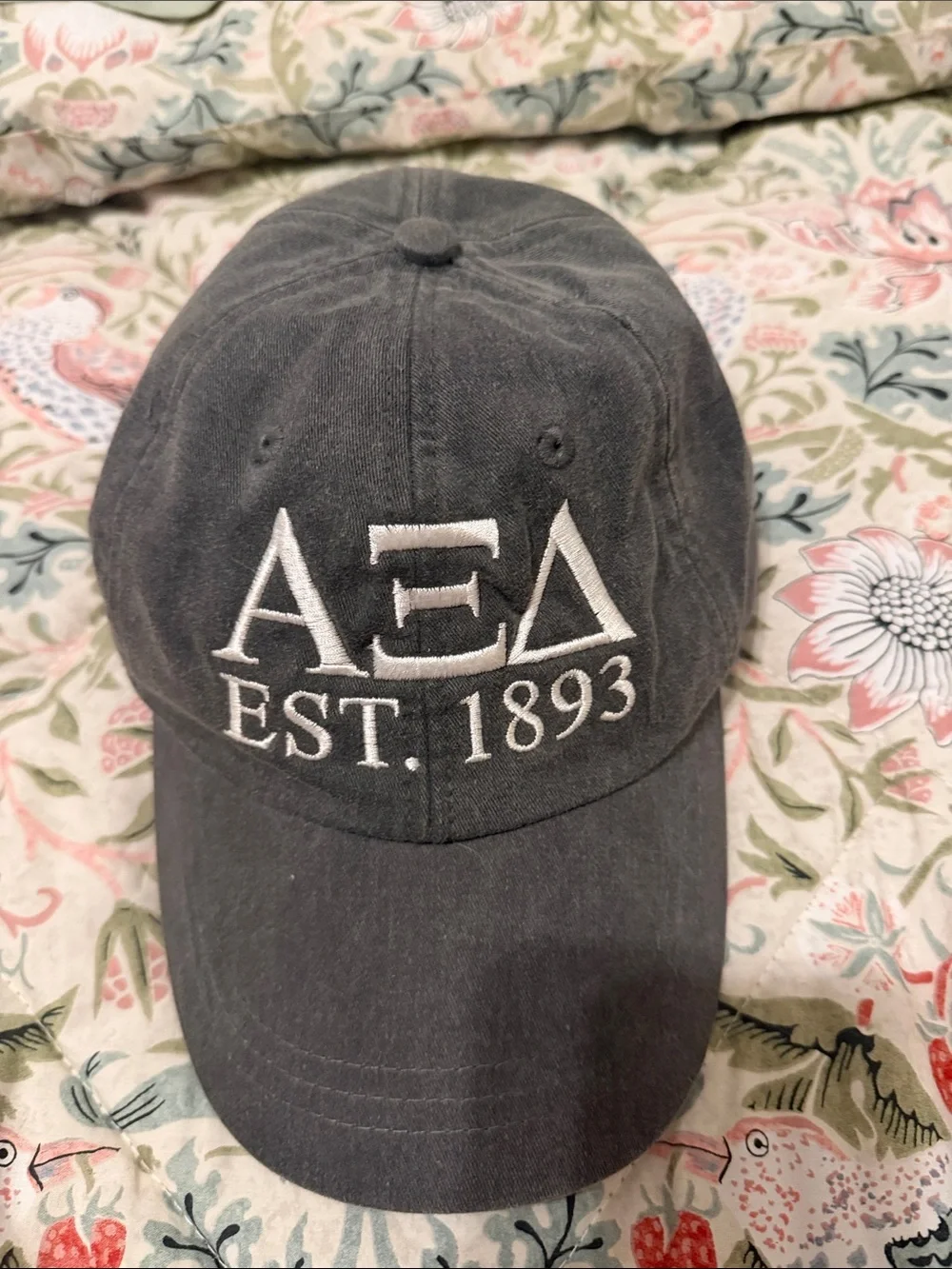 Gray Baseball Cap with White Embroidered Letters Alpha Xi Delta